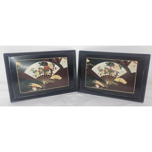 Vintage Otagiri Japanese Lacquerware Serving Trinket Tray Fans Floral Motif Set - Picture 1 of 12